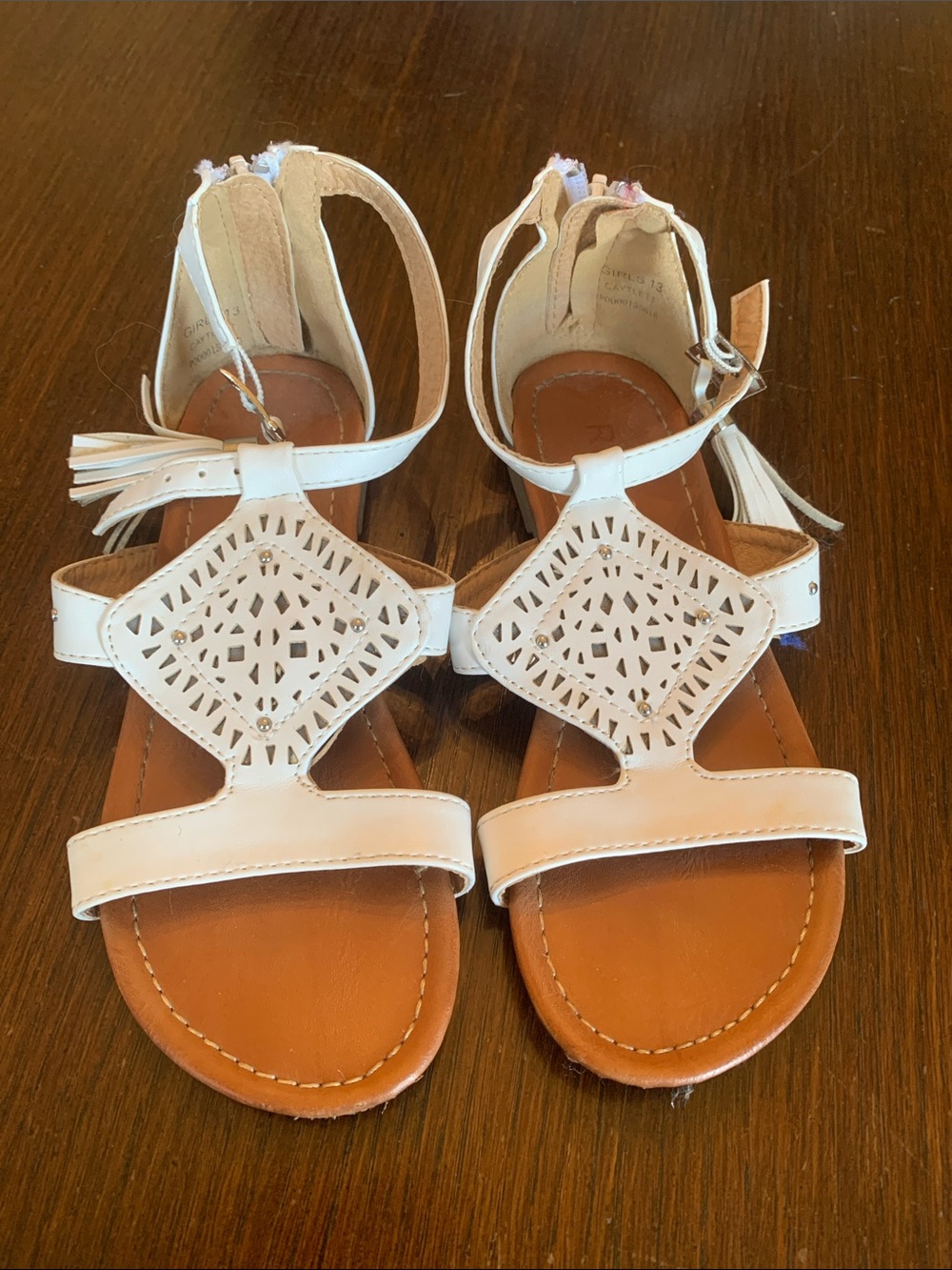 Report Girls White Cutout Tassel Ankle Strap Sandals